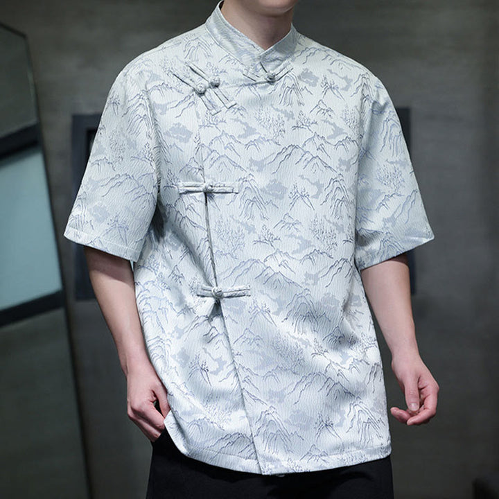 Camicia da uomo a maniche corte in cotone con bottoni cinesi e motivo a rana, motivo Buddha Stones Summer Mountain - image 9