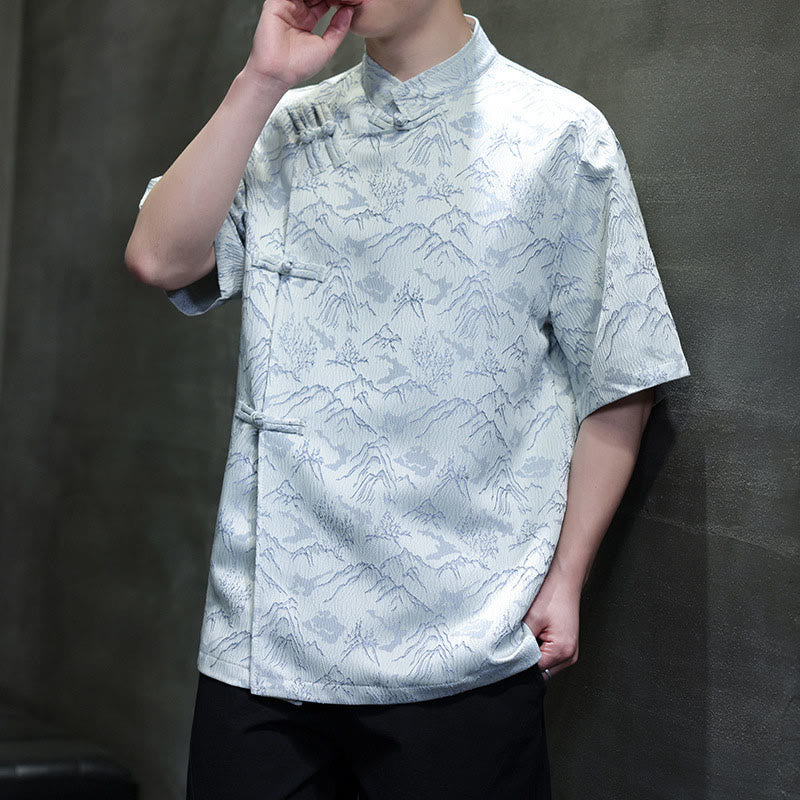 Camicia da uomo a maniche corte in cotone con bottoni cinesi e motivo a rana, motivo Buddha Stones Summer Mountain - image 17