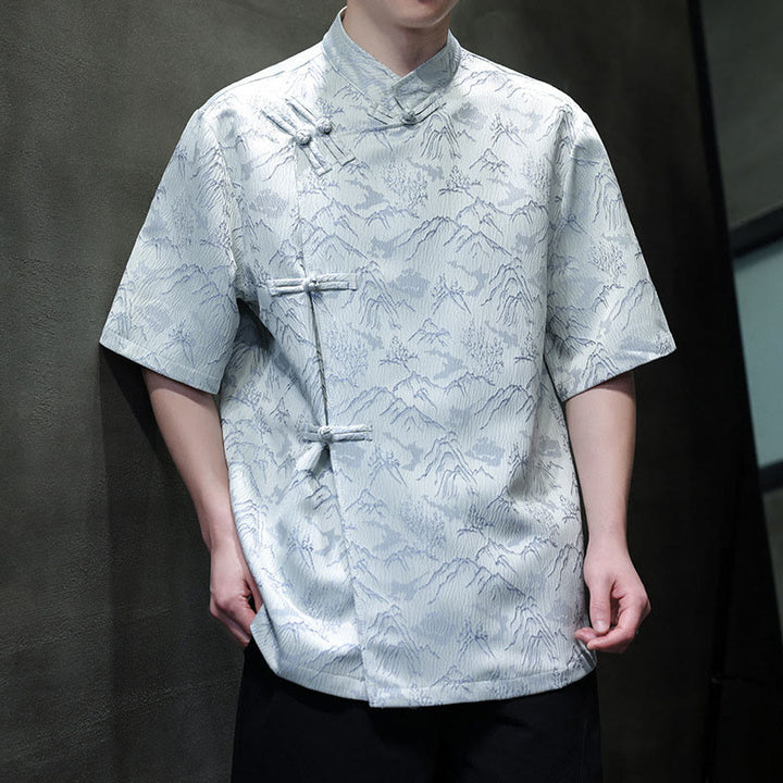 Camicia da uomo a maniche corte in cotone con bottoni cinesi e motivo a rana, motivo Buddha Stones Summer Mountain - image 16