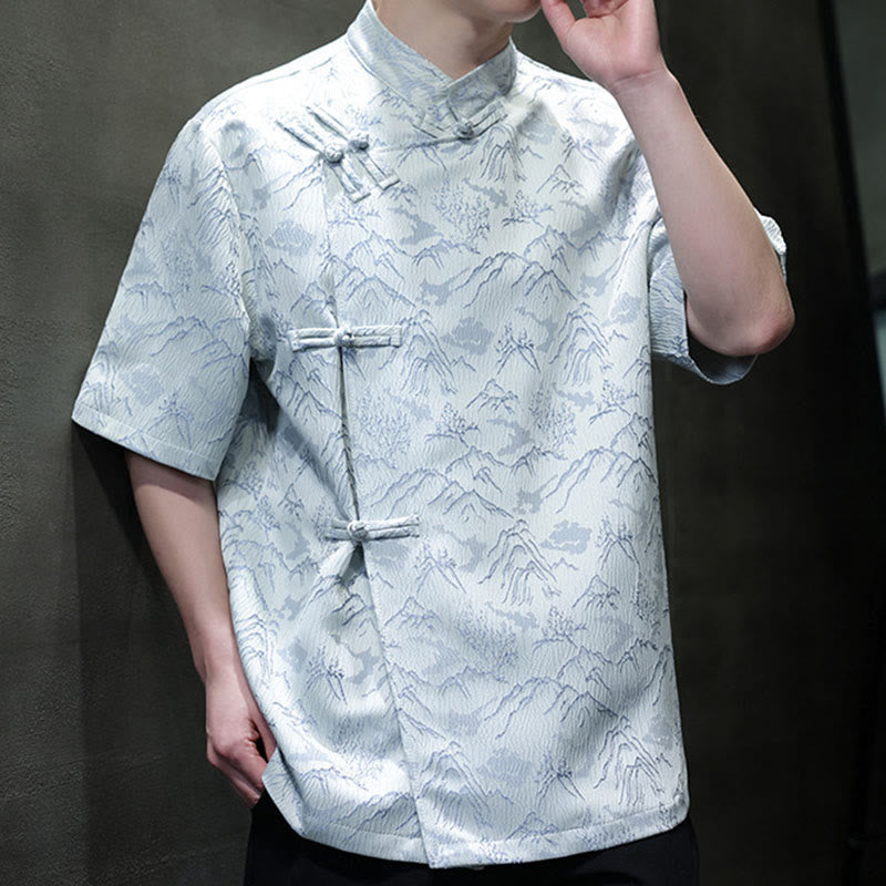 Camicia da uomo a maniche corte in cotone con bottoni cinesi e motivo a rana, motivo Buddha Stones Summer Mountain - image 13