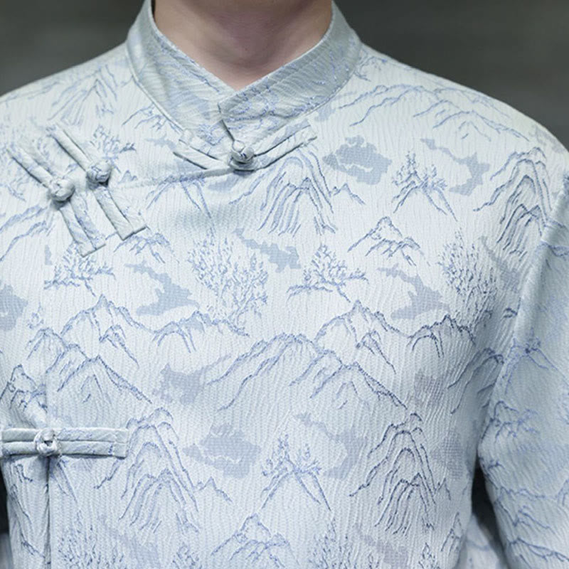 Camicia da uomo a maniche corte in cotone con bottoni cinesi e motivo a rana, motivo Buddha Stones Summer Mountain - image 18