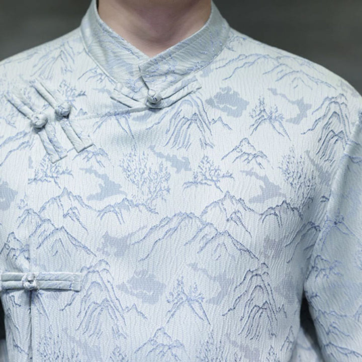 Camicia da uomo a maniche corte in cotone con bottoni cinesi e motivo a rana, motivo Buddha Stones Summer Mountain - image 18