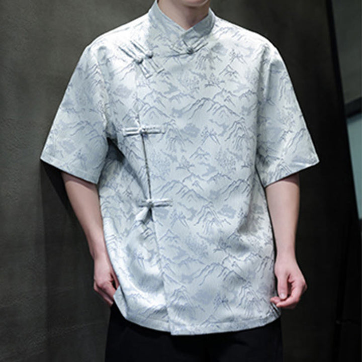 Camicia da uomo a maniche corte in cotone con bottoni cinesi e motivo a rana, motivo Buddha Stones Summer Mountain - image 14