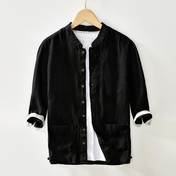 Camicia da uomo in lino con maniche a tre quarti, colletto rialzato, bottoni e tasche, tinta unita, Buddha Stones Fall - Nero - US/UK/AU42, EU52 (3XL) - image 10