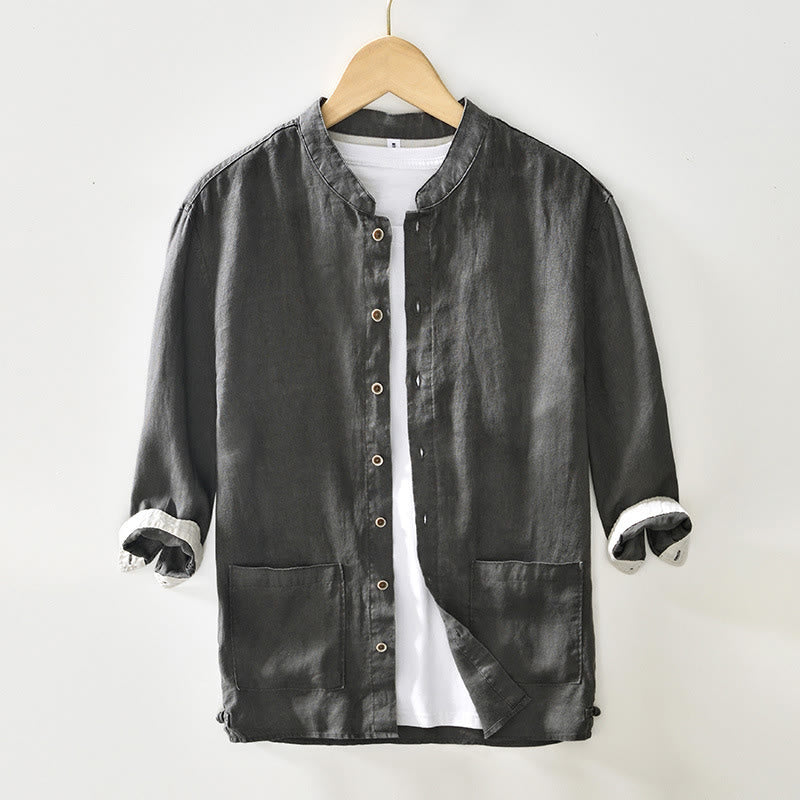 Camicia da uomo in lino con maniche a tre quarti, colletto rialzato, bottoni e tasche, tinta unita, Buddha Stones Fall - Grigio scuro - US/UK/AU42, EU52 (3XL) - image 0