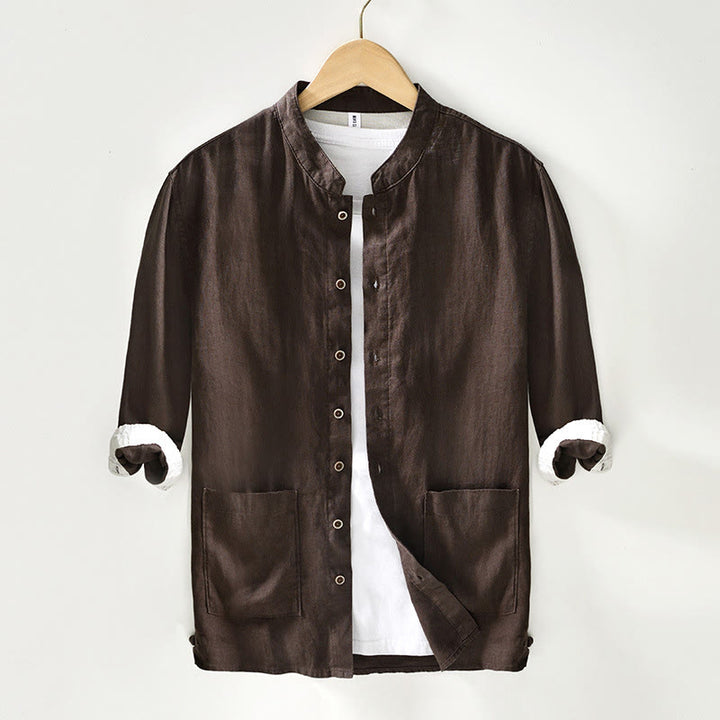 Camicia da uomo in lino con maniche a tre quarti, colletto rialzato, bottoni e tasche, tinta unita, Buddha Stones Fall - Siena - US/UK/AU42, EU52 (3XL) - image 17