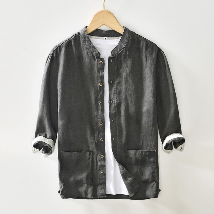 Camicia da uomo in lino con maniche a tre quarti, colletto rialzato, bottoni e tasche, tinta unita, Buddha Stones Fall - Grigio scuro - US/UK/AU42, EU52 (3XL) - image 0