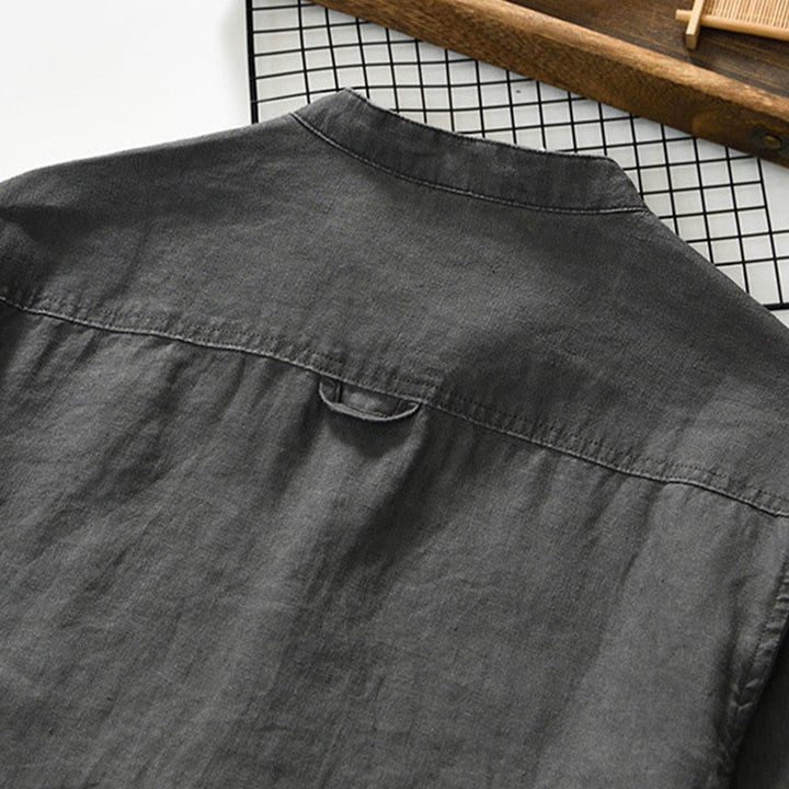 Camicia da uomo in lino con maniche a tre quarti, colletto rialzato, bottoni e tasche, tinta unita, Buddha Stones Fall - image 4