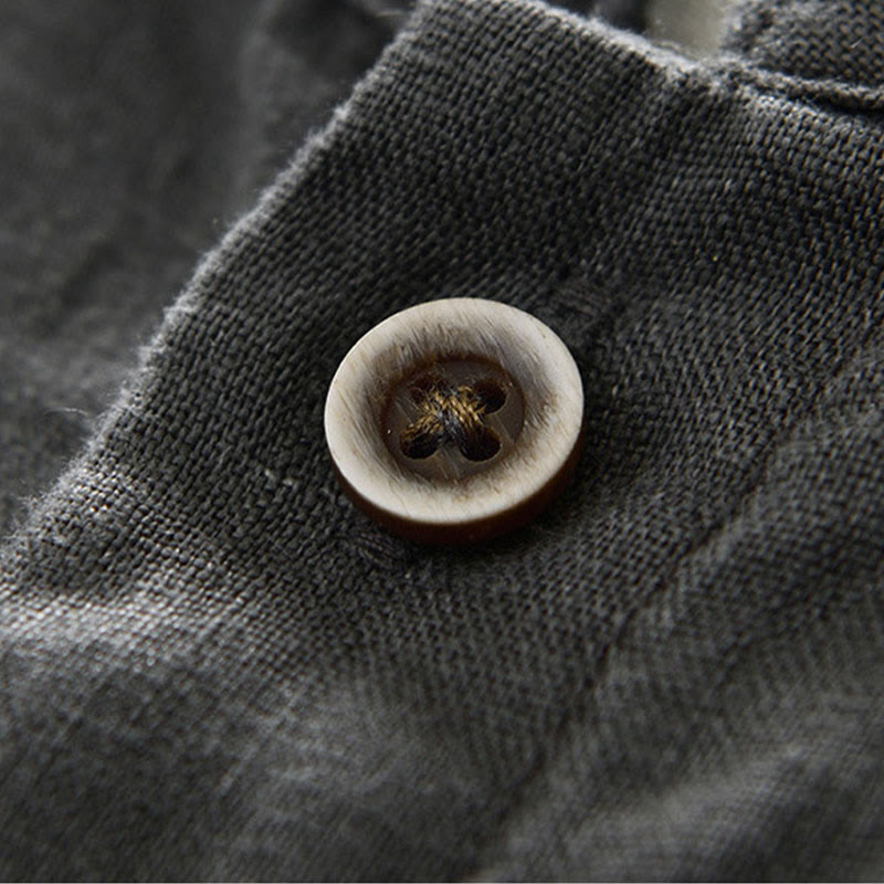 Camicia da uomo in lino con maniche a tre quarti, colletto rialzato, bottoni e tasche, tinta unita, Buddha Stones Fall - image 6