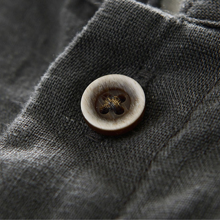 Camicia da uomo in lino con maniche a tre quarti, colletto rialzato, bottoni e tasche, tinta unita, Buddha Stones Fall - image 6