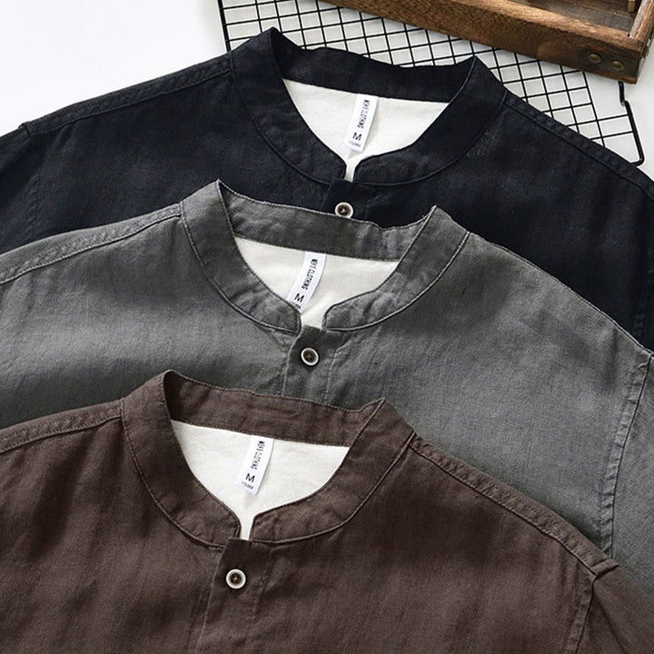 Camicia da uomo in lino con maniche a tre quarti, colletto rialzato, bottoni e tasche, tinta unita, Buddha Stones Fall - image 24