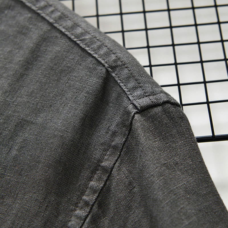 Camicia da uomo in lino con maniche a tre quarti, colletto rialzato, bottoni e tasche, tinta unita, Buddha Stones Fall - image 5