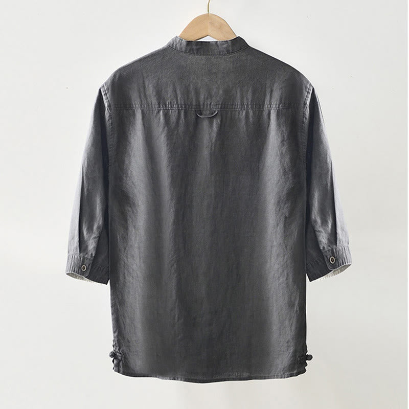 Camicia da uomo in lino con maniche a tre quarti, colletto rialzato, bottoni e tasche, tinta unita, Buddha Stones Fall - image 2
