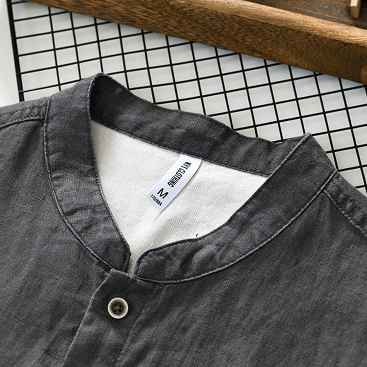 Camicia da uomo in lino con maniche a tre quarti, colletto rialzato, bottoni e tasche, tinta unita, Buddha Stones Fall - image 3