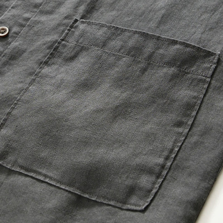 Camicia da uomo in lino con maniche a tre quarti, colletto rialzato, bottoni e tasche, tinta unita, Buddha Stones Fall - image 7