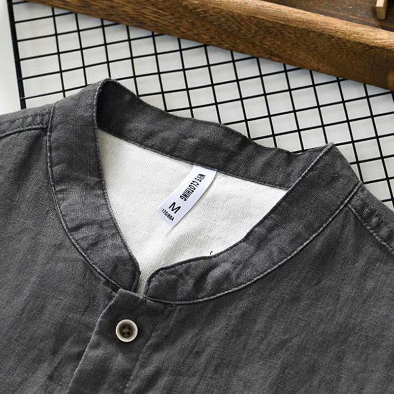 Camicia da uomo in lino con maniche a tre quarti, colletto rialzato, bottoni e tasche, tinta unita, Buddha Stones Fall - image 3