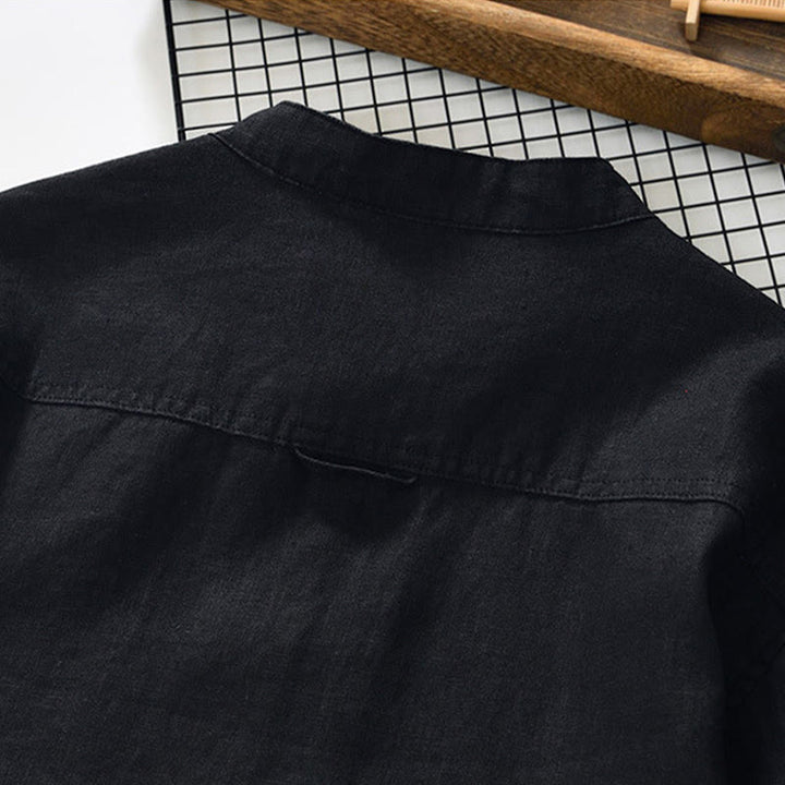 Camicia da uomo in lino con maniche a tre quarti, colletto rialzato, bottoni e tasche, tinta unita, Buddha Stones Fall - image 12