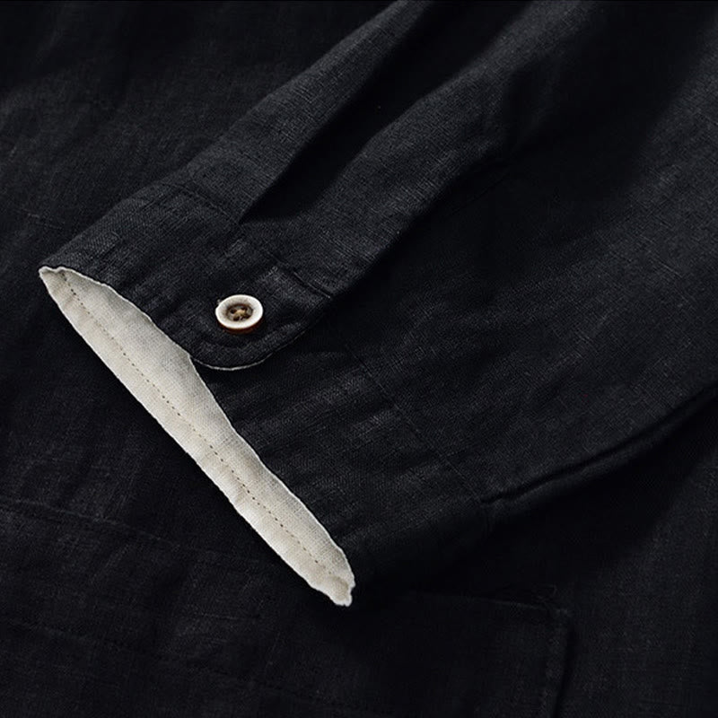 Camicia da uomo in lino con maniche a tre quarti, colletto rialzato, bottoni e tasche, tinta unita, Buddha Stones Fall - image 14