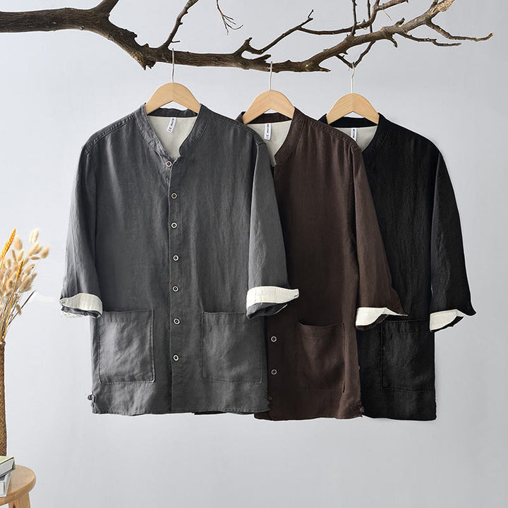 Camicia da uomo in lino con maniche a tre quarti, colletto rialzato, bottoni e tasche, tinta unita, Buddha Stones Fall - image 1