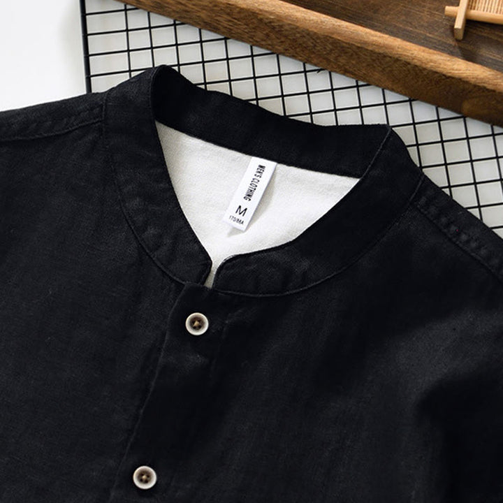 Camicia da uomo in lino con maniche a tre quarti, colletto rialzato, bottoni e tasche, tinta unita, Buddha Stones Fall - image 11