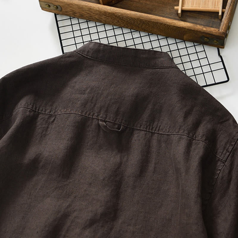 Camicia da uomo in lino con maniche a tre quarti, colletto rialzato, bottoni e tasche, tinta unita, Buddha Stones Fall - image 19