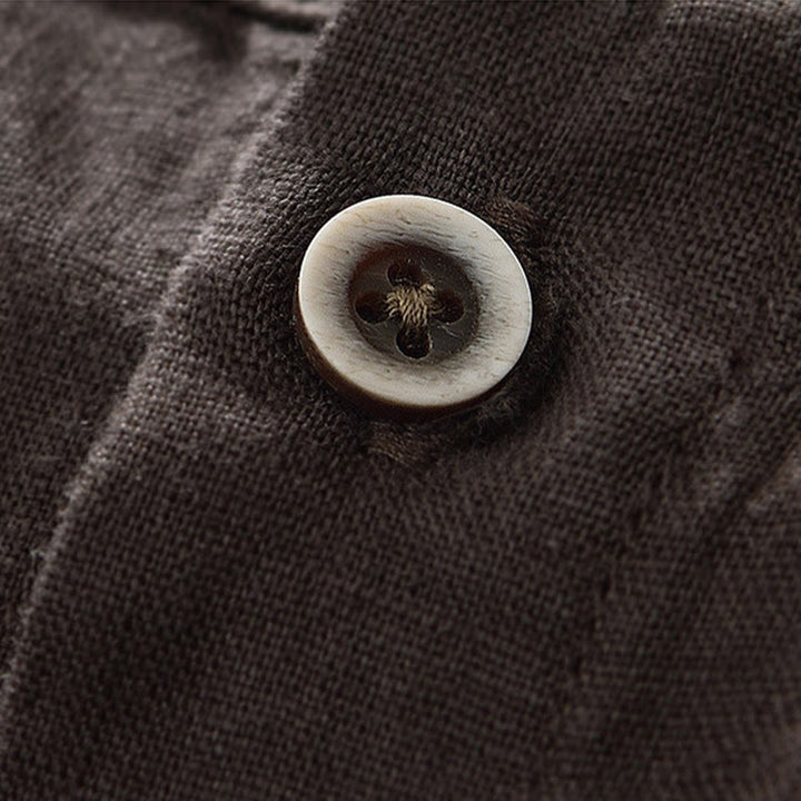 Camicia da uomo in lino con maniche a tre quarti, colletto rialzato, bottoni e tasche, tinta unita, Buddha Stones Fall - image 20