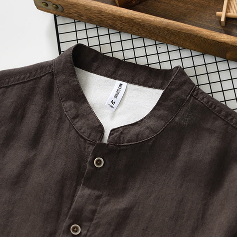 Camicia da uomo in lino con maniche a tre quarti, colletto rialzato, bottoni e tasche, tinta unita, Buddha Stones Fall - image 18