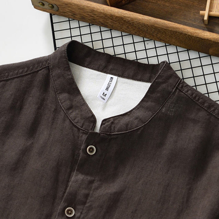 Camicia da uomo in lino con maniche a tre quarti, colletto rialzato, bottoni e tasche, tinta unita, Buddha Stones Fall - image 18