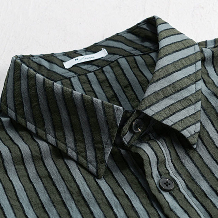 Camicia da uomo in cotone a maniche lunghe con colletto rialzato, a righe, con bottoni, stile vintage Buddha Stones - image 2