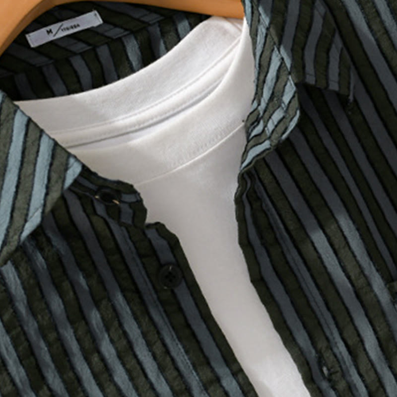 Camicia da uomo in cotone a maniche lunghe con colletto rialzato, a righe, con bottoni, stile vintage Buddha Stones - image 3