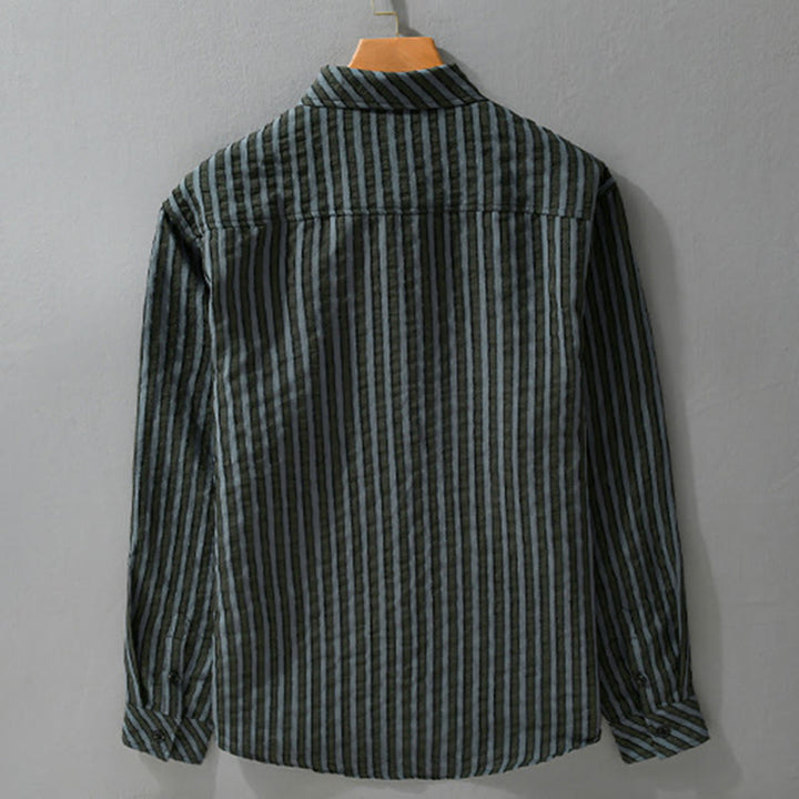 Camicia da uomo in cotone a maniche lunghe con colletto rialzato, a righe, con bottoni, stile vintage Buddha Stones - image 1