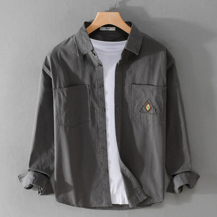 Camicia da uomo in cotone a maniche lunghe con colletto rialzato, Buddha Stones Fall Triangle Rhombus, tasca decorativa con bottoni - Grigio - US/UK/AU42, EU52 (3XL) - image 0