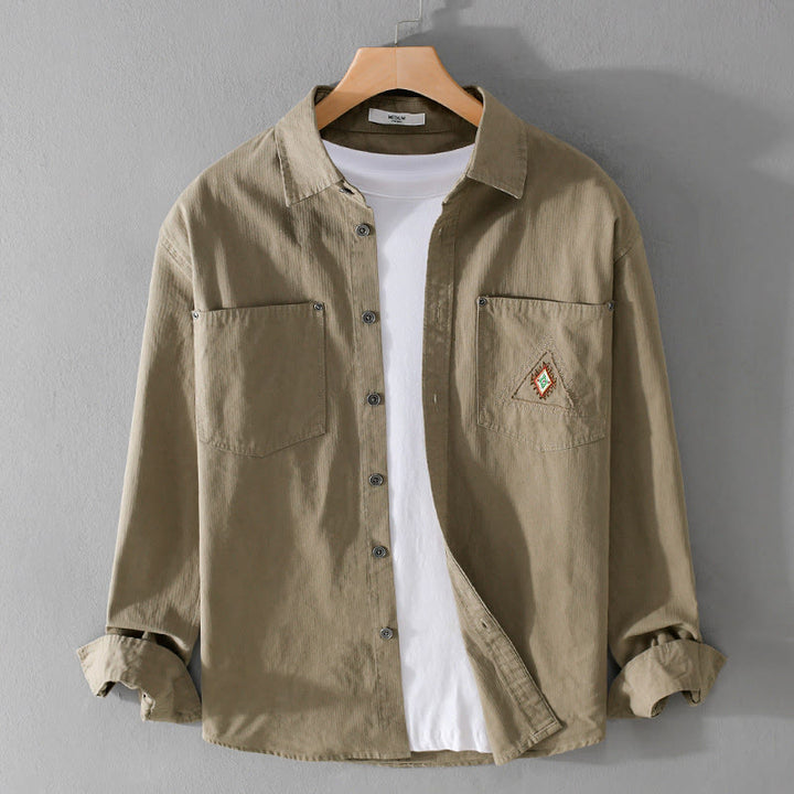 Camicia da uomo in cotone a maniche lunghe con colletto rialzato, Buddha Stones Fall Triangle Rhombus, tasca decorativa con bottoni - Abbronzatura - US/UK/AU42, EU52 (3XL) - image 15