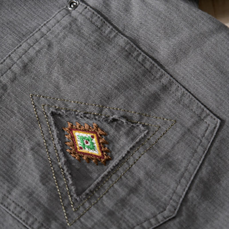 Camicia da uomo in cotone a maniche lunghe con colletto rialzato, Buddha Stones Fall Triangle Rhombus, tasca decorativa con bottoni - image 3