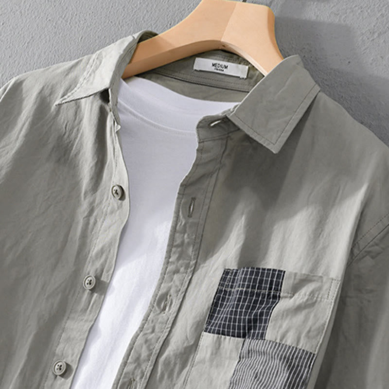 Camicia da uomo in cotone a maniche lunghe con colletto rialzato, motivo Buddha Stones Fall Square, con tasche decorative e bottoni color block - image 1