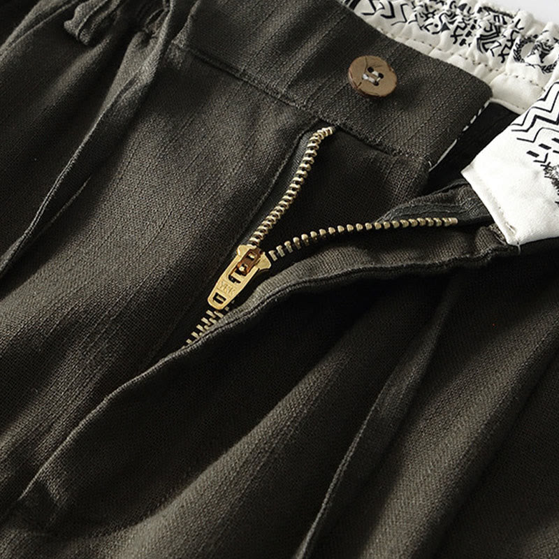 Pantaloni larghi da uomo in lino con coulisse e cerniera, modello Buddha Stones Fall Solid, con tasche - image 18