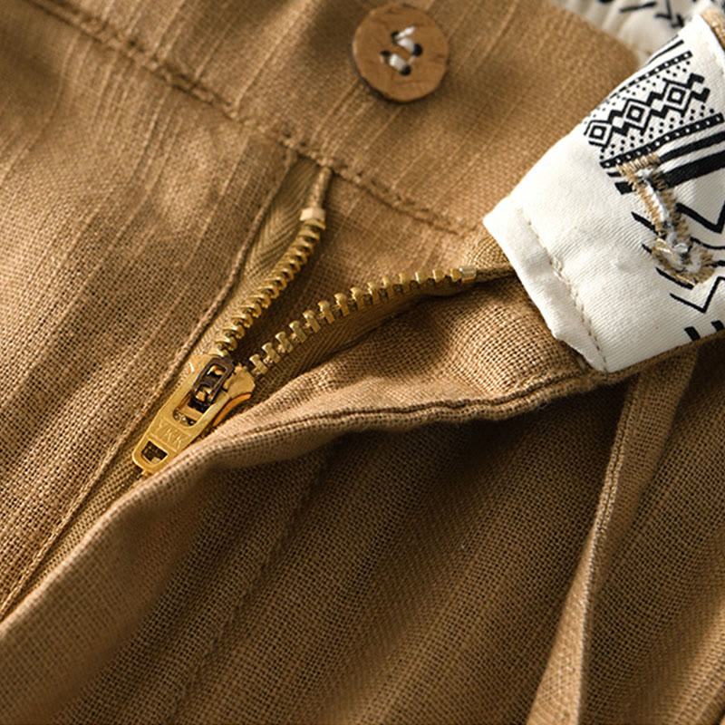 Pantaloni larghi da uomo in lino con coulisse e cerniera, modello Buddha Stones Fall Solid, con tasche - image 23