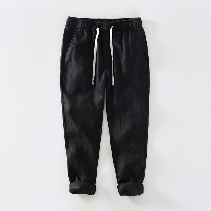 Pantaloni da uomo in lino alla caviglia con coulisse e elastico in vita, modello Buddha Stones Fall Solid, con tasche - Nero - US/UK/AU44, EU54 (4XL) - image 5