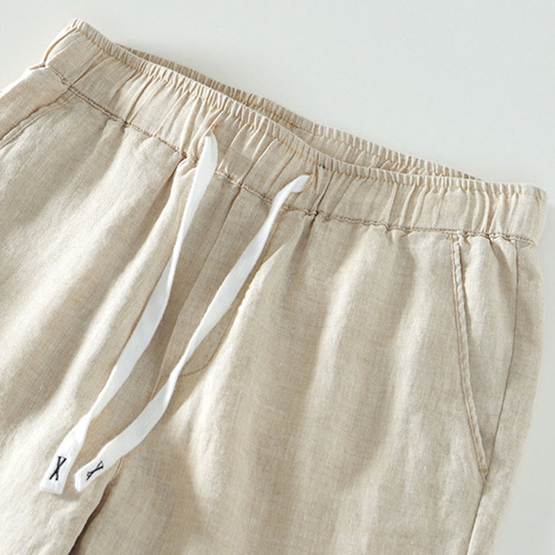Pantaloni da uomo in lino alla caviglia con coulisse e elastico in vita, modello Buddha Stones Fall Solid, con tasche - image 1