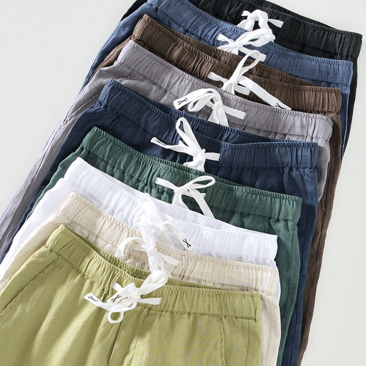 Pantaloni da uomo in lino alla caviglia con coulisse e elastico in vita, modello Buddha Stones Fall Solid, con tasche - image 33