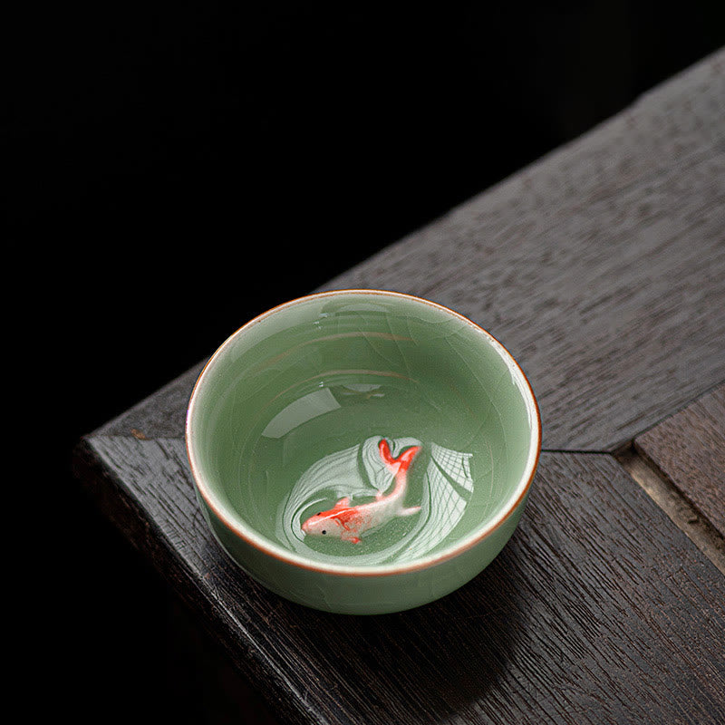 Tazza da tè in ceramica dipinta a mano con motivo Buddha Stones Koi Fish, tazza da tè Kung Fu da 50 ml - Verde prugna 6,4 cm*2,8 cm*50 ml - image 3