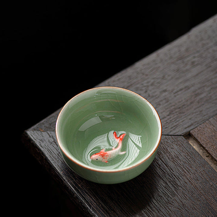 Tazza da tè in ceramica dipinta a mano con motivo Buddha Stones Koi Fish, tazza da tè Kung Fu da 50 ml - Verde prugna 6,4 cm*2,8 cm*50 ml - image 3
