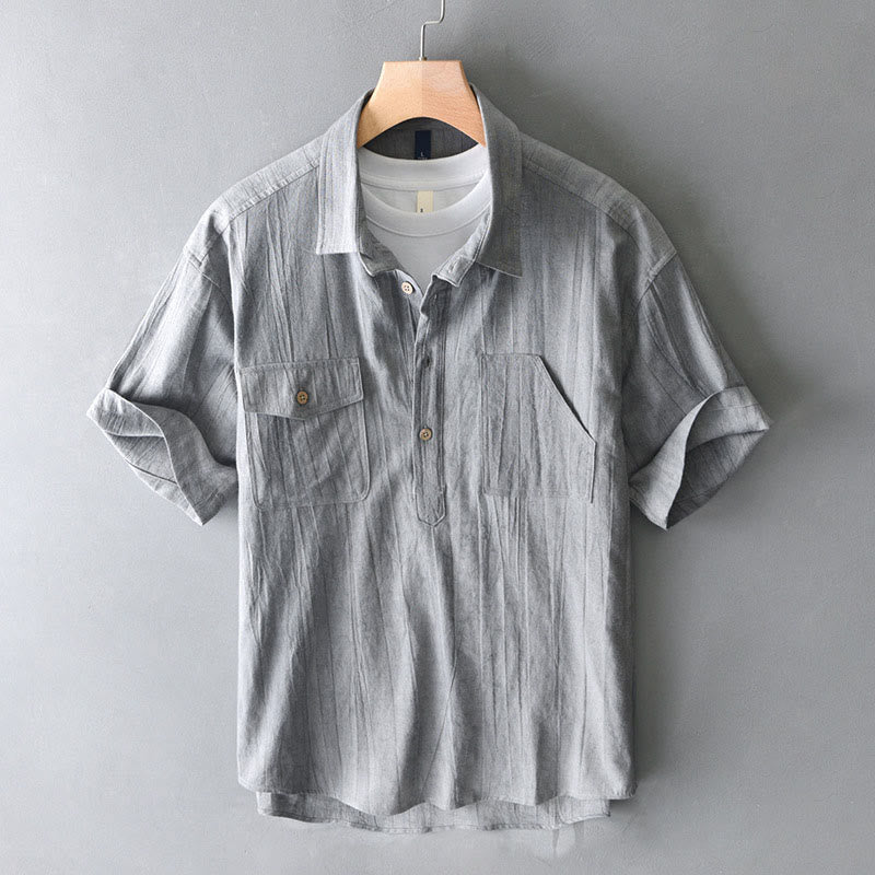 Camicia da uomo in cotone ramiè a maniche corte con bottoni e design a pieghe tinta unita, motivo Buddha Stones - Grigio - US/UK/AU44, EU54 (4XL) - image 11
