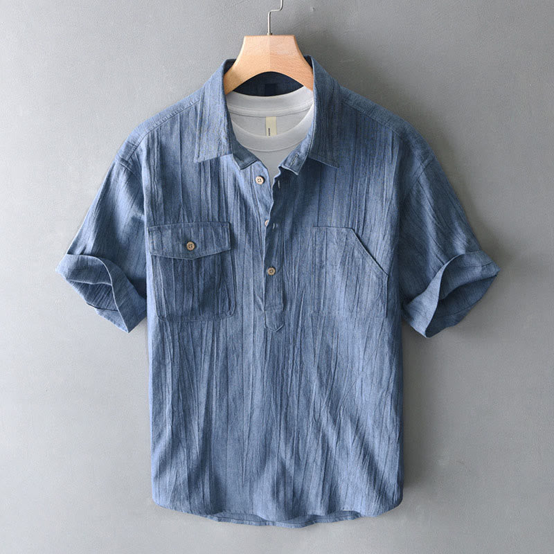 Camicia da uomo in cotone ramiè a maniche corte con bottoni e design a pieghe tinta unita, motivo Buddha Stones - SteelBlue - US/UK/AU44, EU54 (4XL) - image 0