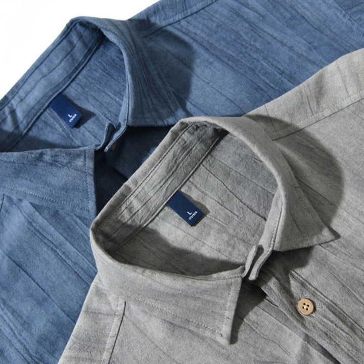 Camicia da uomo in cotone ramiè a maniche corte con bottoni e design a pieghe tinta unita, motivo Buddha Stones - image 13