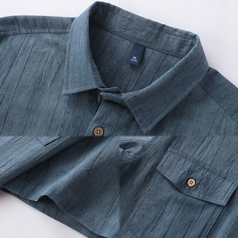 Camicia da uomo in cotone ramiè a maniche corte con bottoni e design a pieghe tinta unita, motivo Buddha Stones - image 10