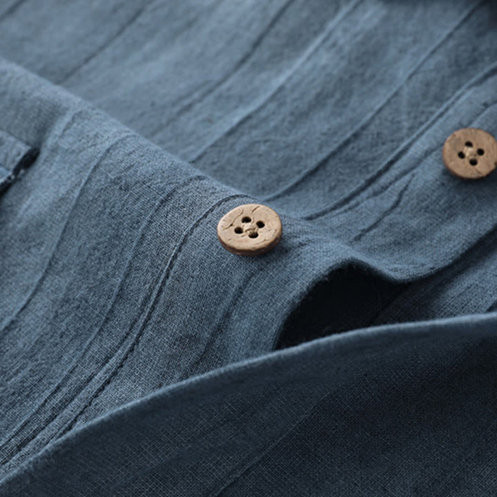 Camicia da uomo in cotone ramiè a maniche corte con bottoni e design a pieghe tinta unita, motivo Buddha Stones - image 3