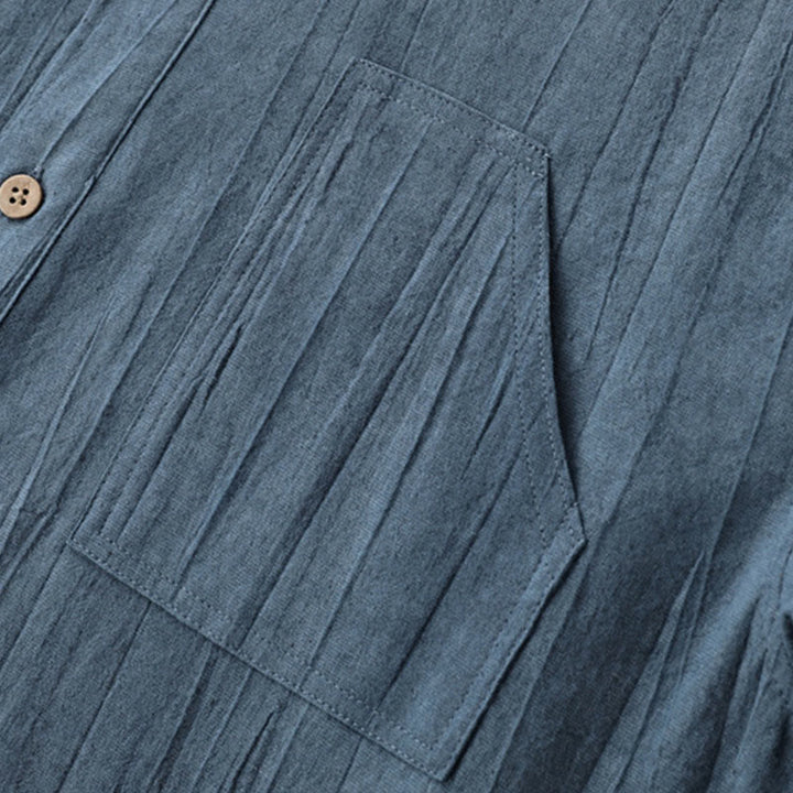 Camicia da uomo in cotone ramiè a maniche corte con bottoni e design a pieghe tinta unita, motivo Buddha Stones - image 5