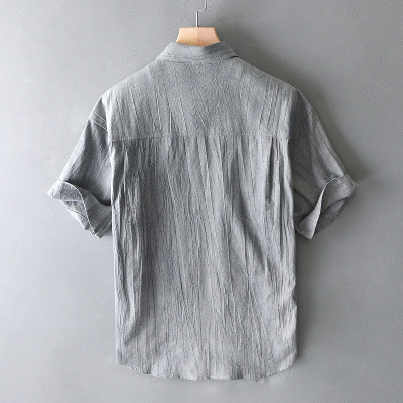 Camicia da uomo in cotone ramiè a maniche corte con bottoni e design a pieghe tinta unita, motivo Buddha Stones - image 12