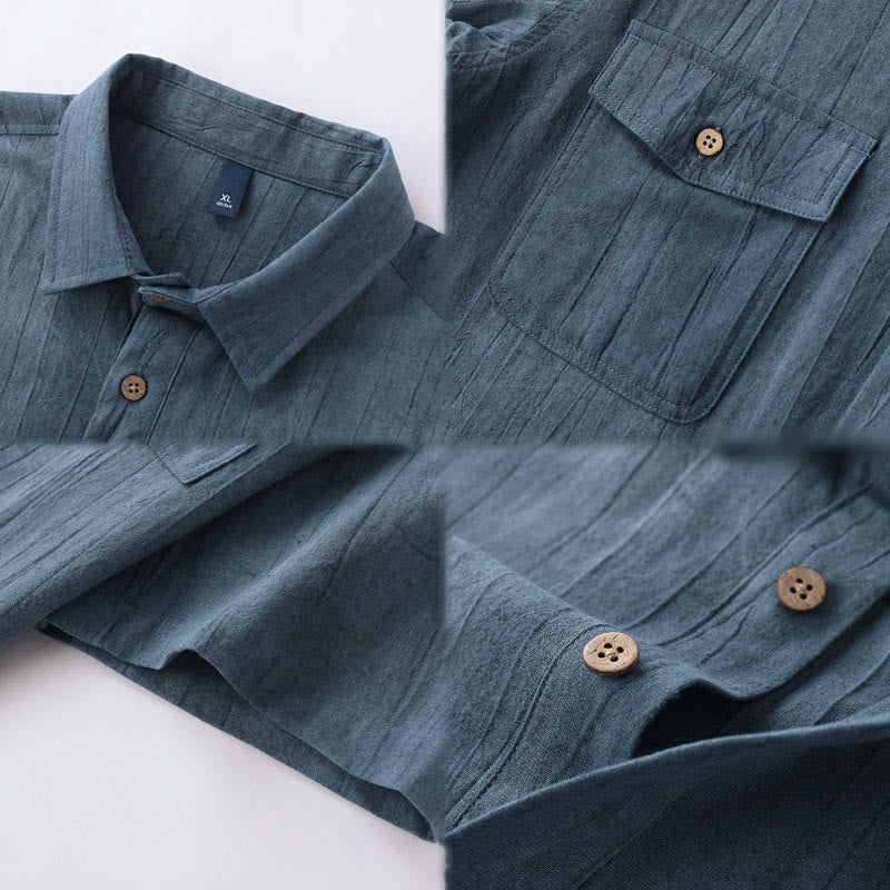 Camicia da uomo in cotone ramiè a maniche corte con bottoni e design a pieghe tinta unita, motivo Buddha Stones - image 9